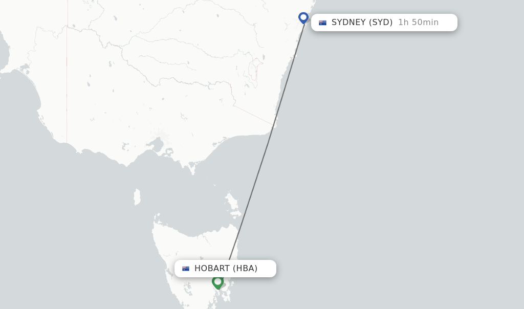 Flights from Hobart to Sydney route map