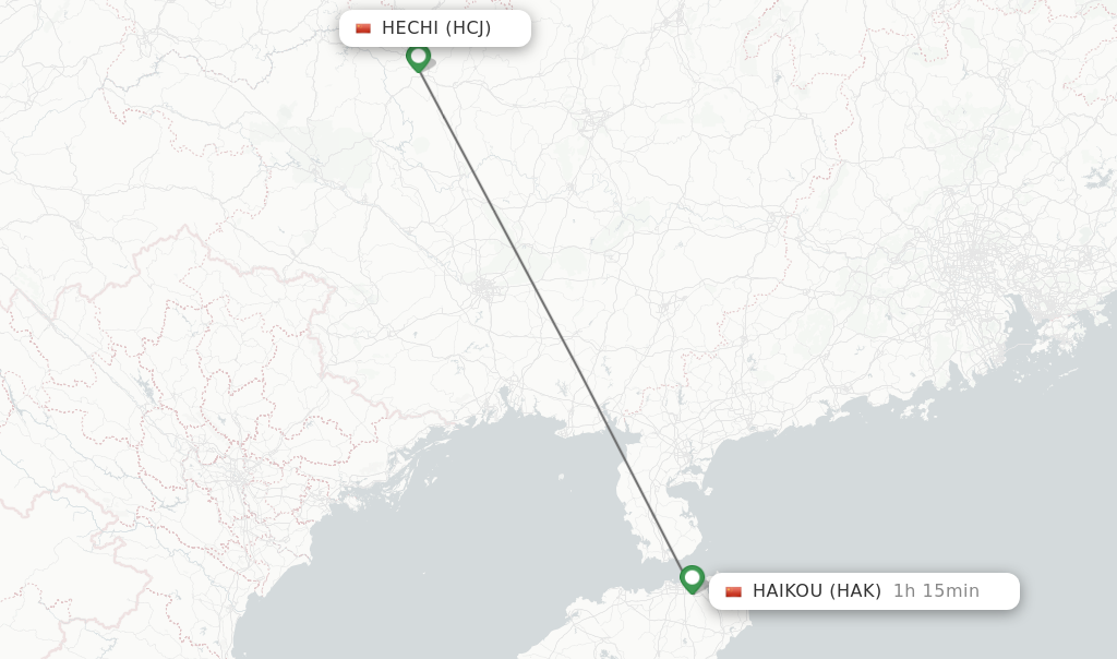 Flights from Haikou to Hechi route map