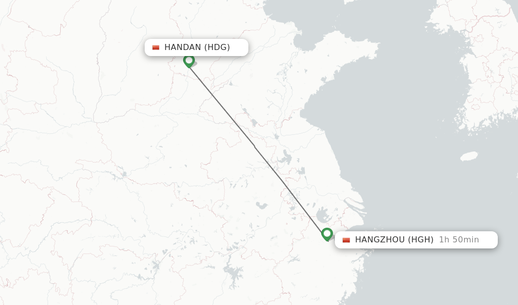 Flights from Handan to Hangzhou route map