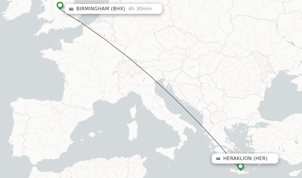 Flights from Heraklion to Birmingham route map