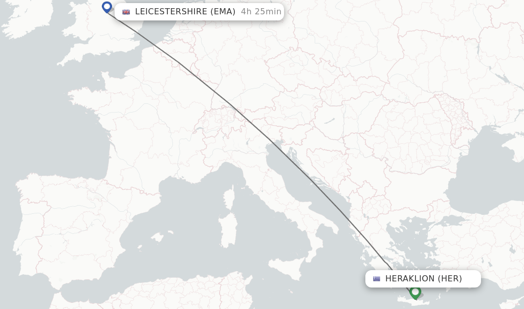 Flights from Heraklion to Leicestershire route map