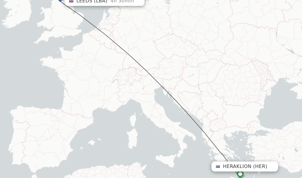 Flights from Heraklion to Leeds route map