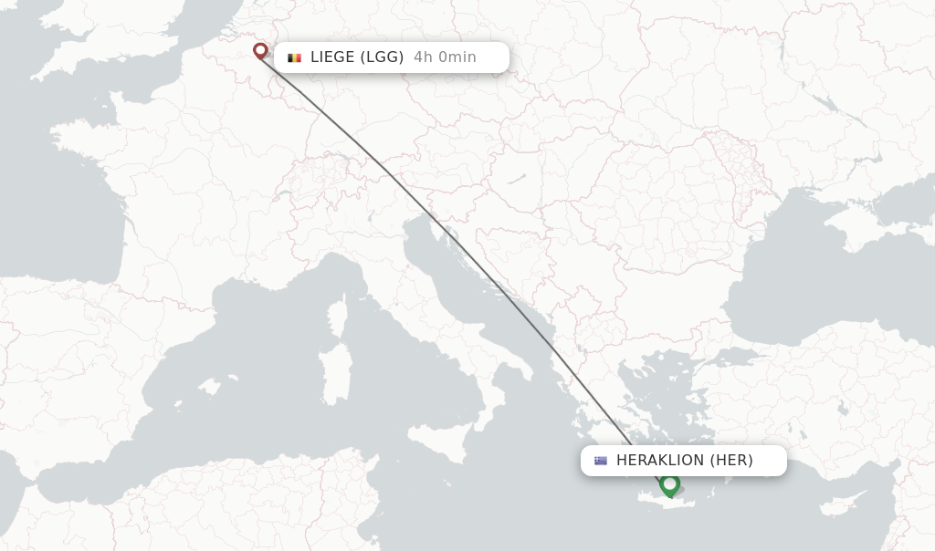 Flights from Liege to Heraklion route map