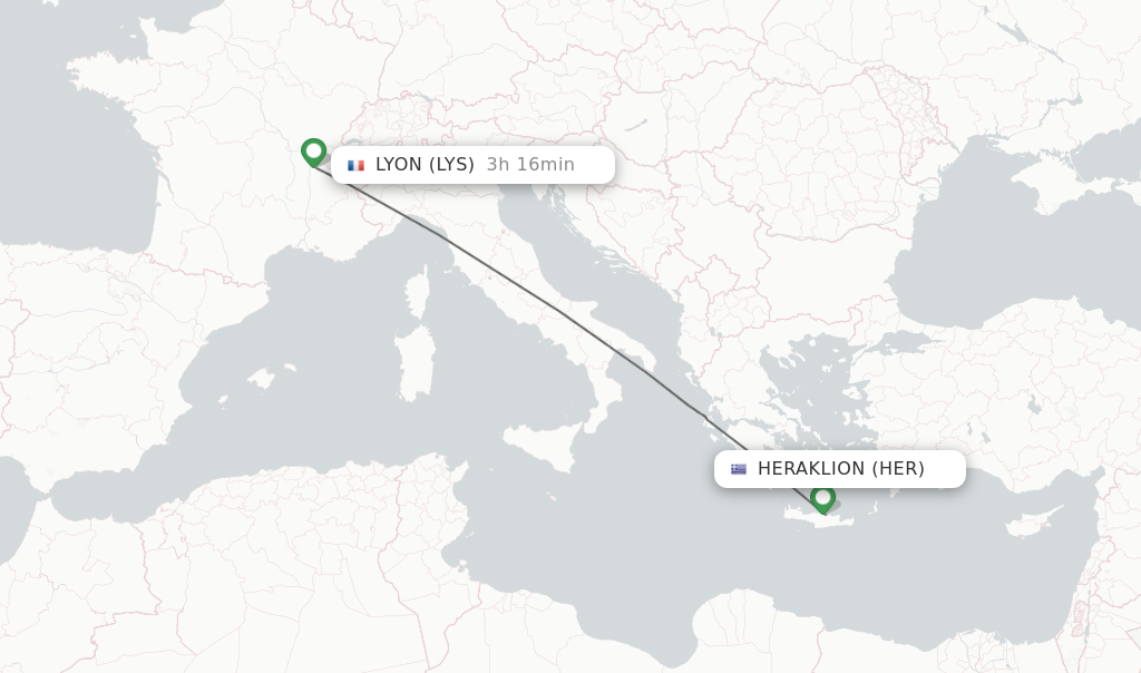 Flights from Heraklion to Lyon route map