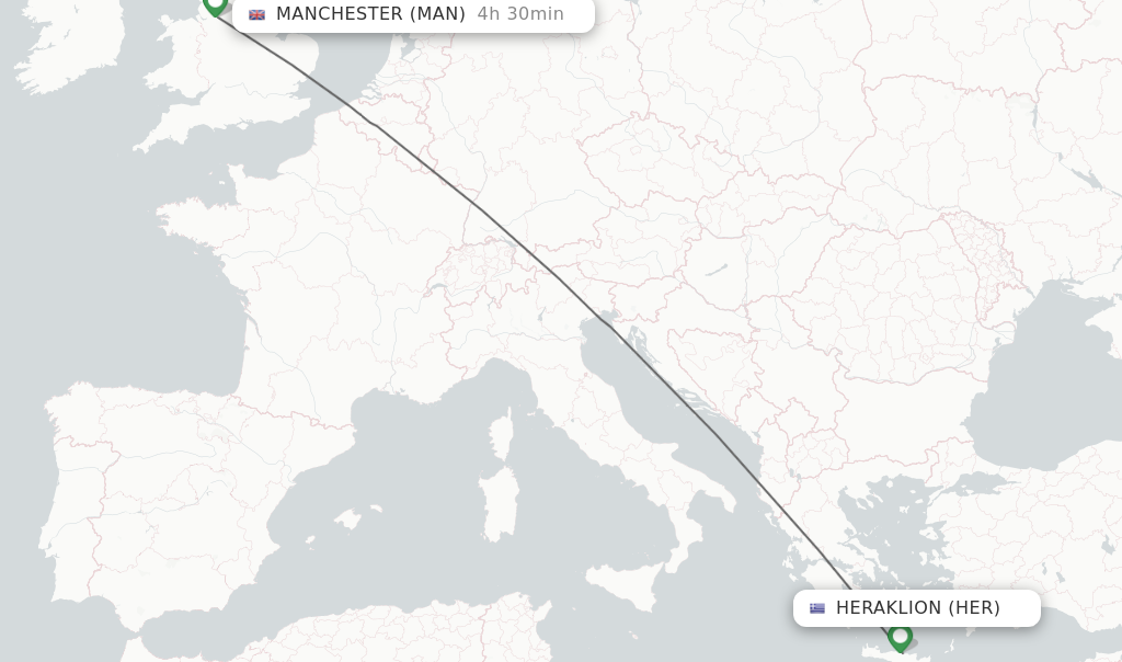 Flights from Heraklion to Manchester route map