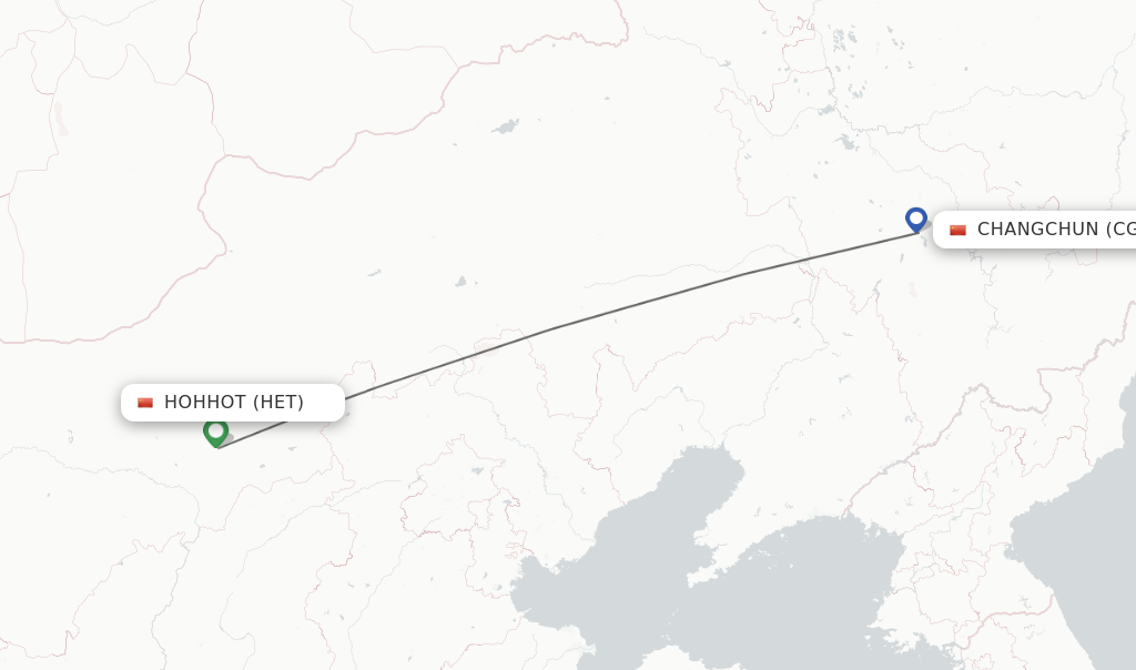 Flights from Hohhot to Changchun route map