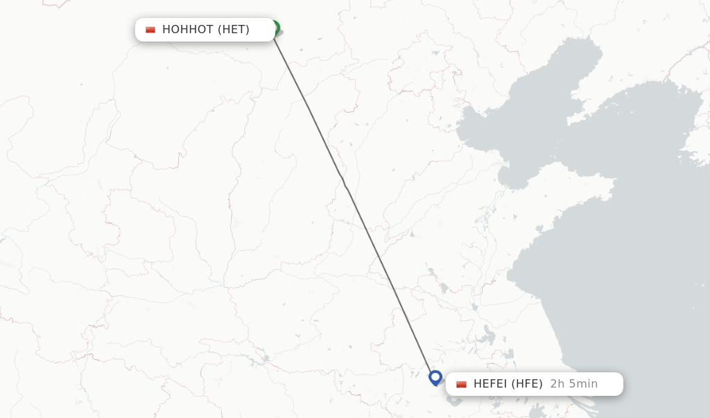Flights from Hohhot to Hefei route map