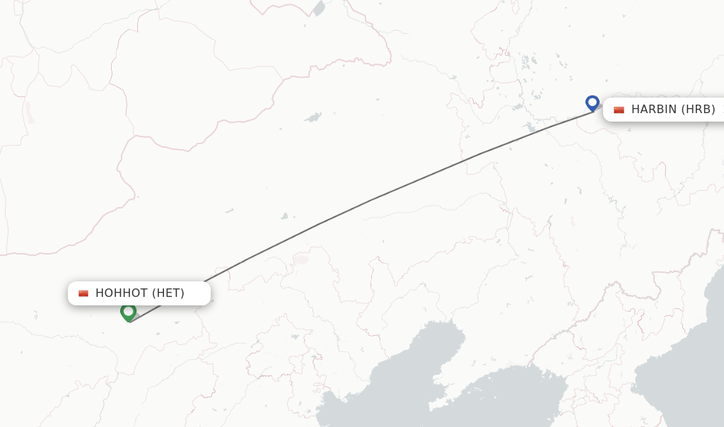 Flights from Hohhot to Harbin route map