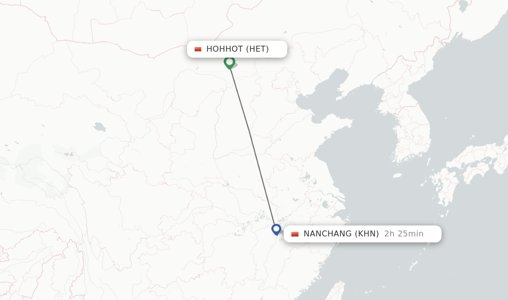 Flights from Hohhot to Nanchang route map
