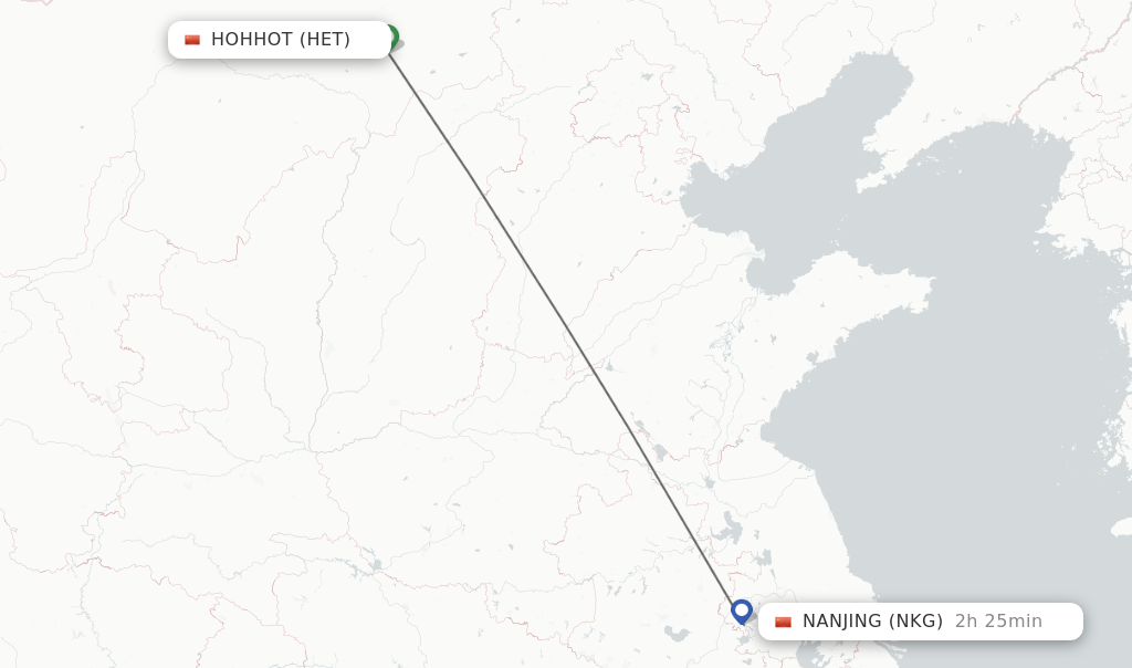 Flights from Hohhot to Nanjing route map