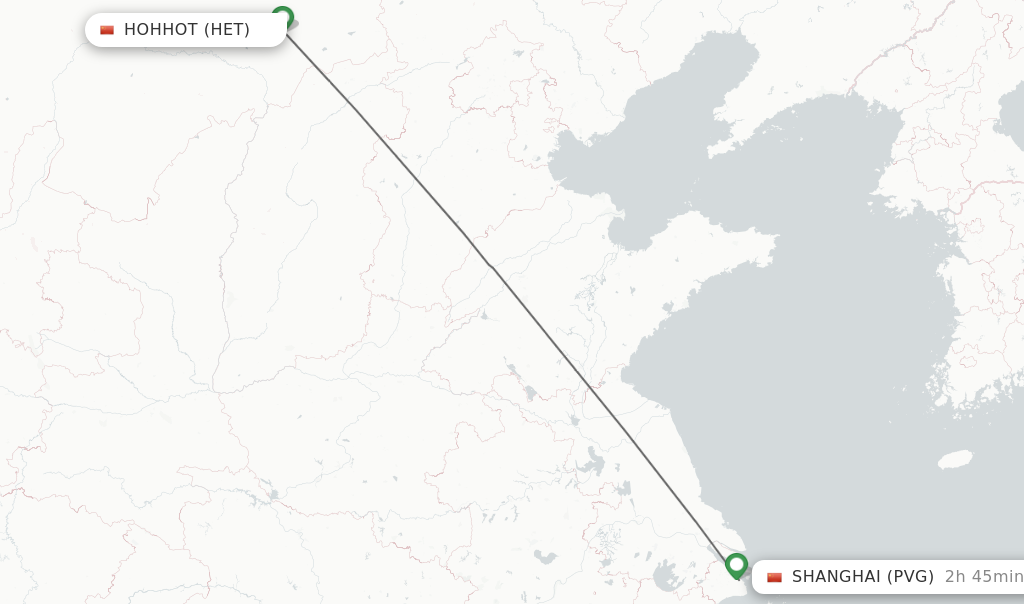 Flights from Hohhot to Shanghai route map