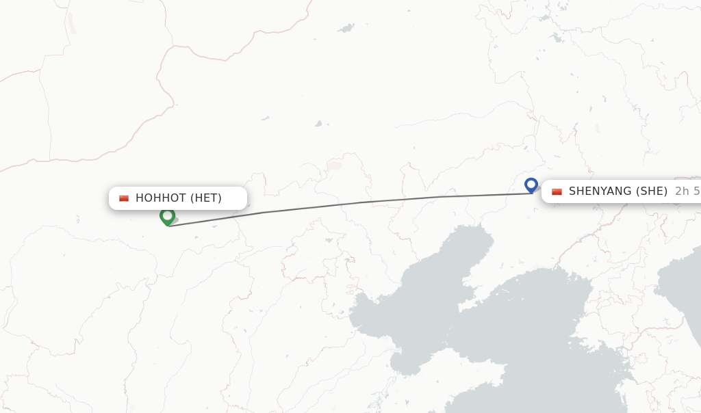 Flights from Hohhot to Shenyang route map