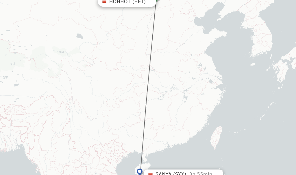 Flights from Hohhot to Sanya route map