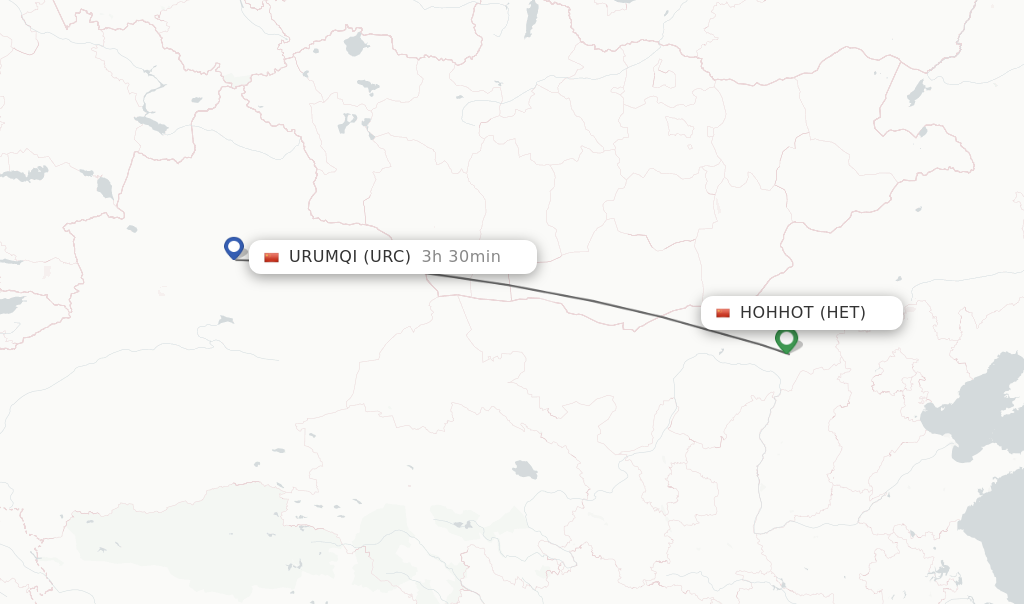 Flights from Hohhot to Urumqi route map