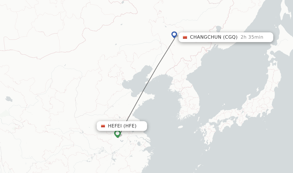 Flights from Hefei to Changchun route map