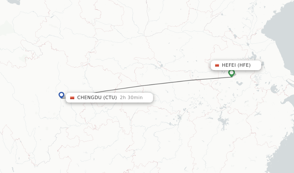 Flights from Hefei to Chengdu route map