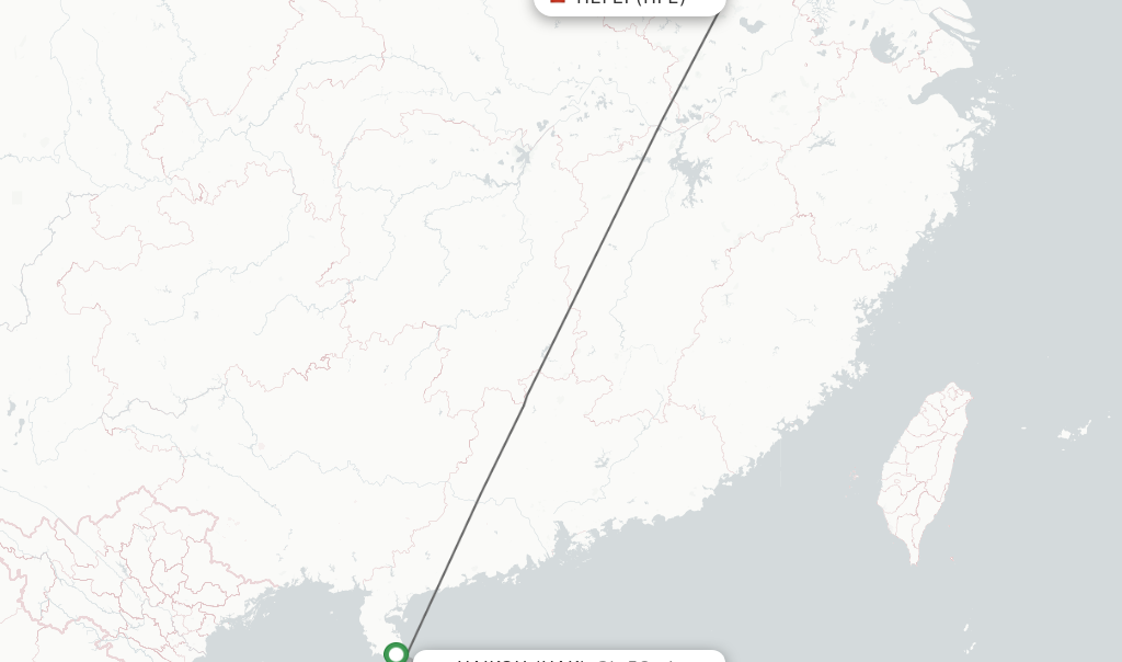 Flights from Hefei to Haikou route map