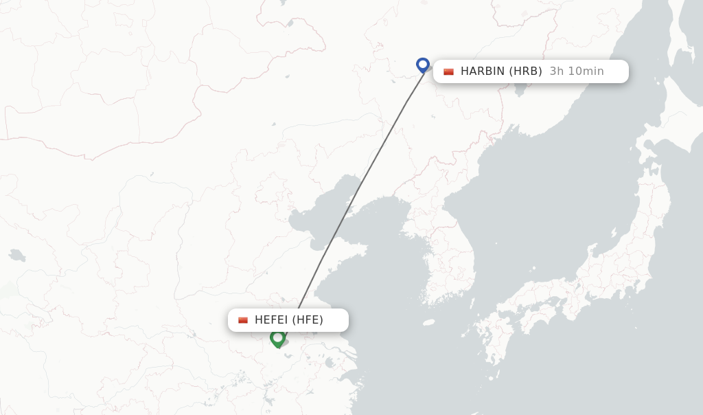 Flights from Hefei to Harbin route map