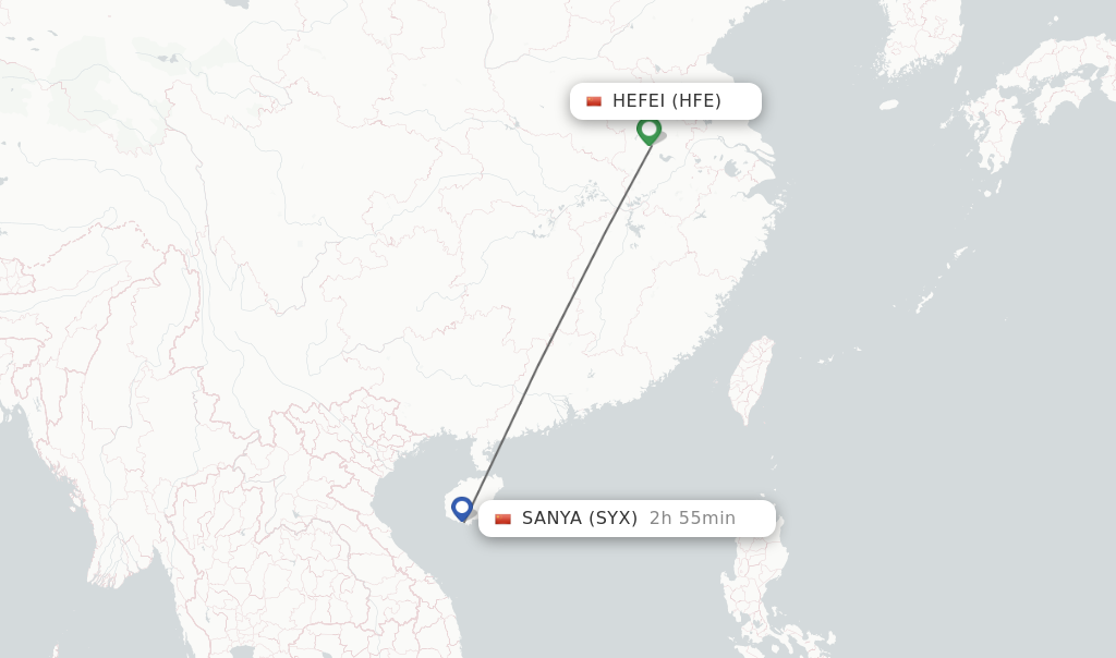 Flights from Hefei to Sanya route map