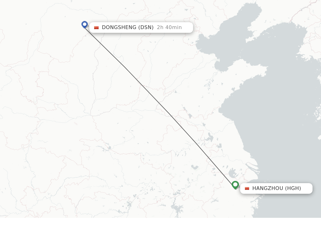 Flights from Hangzhou to Dongsheng route map