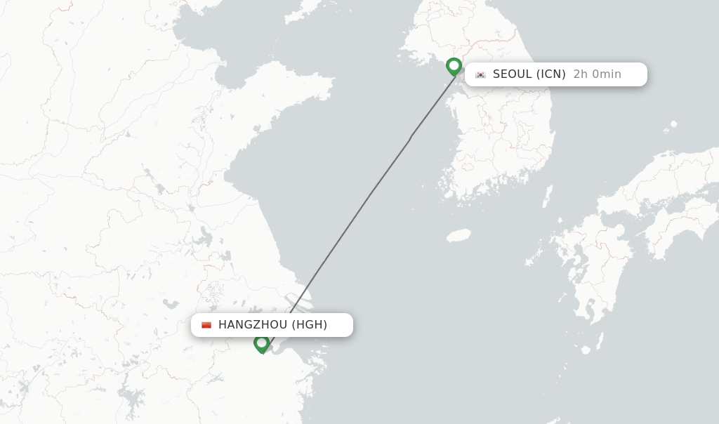 Flights from Hangzhou to Seoul route map