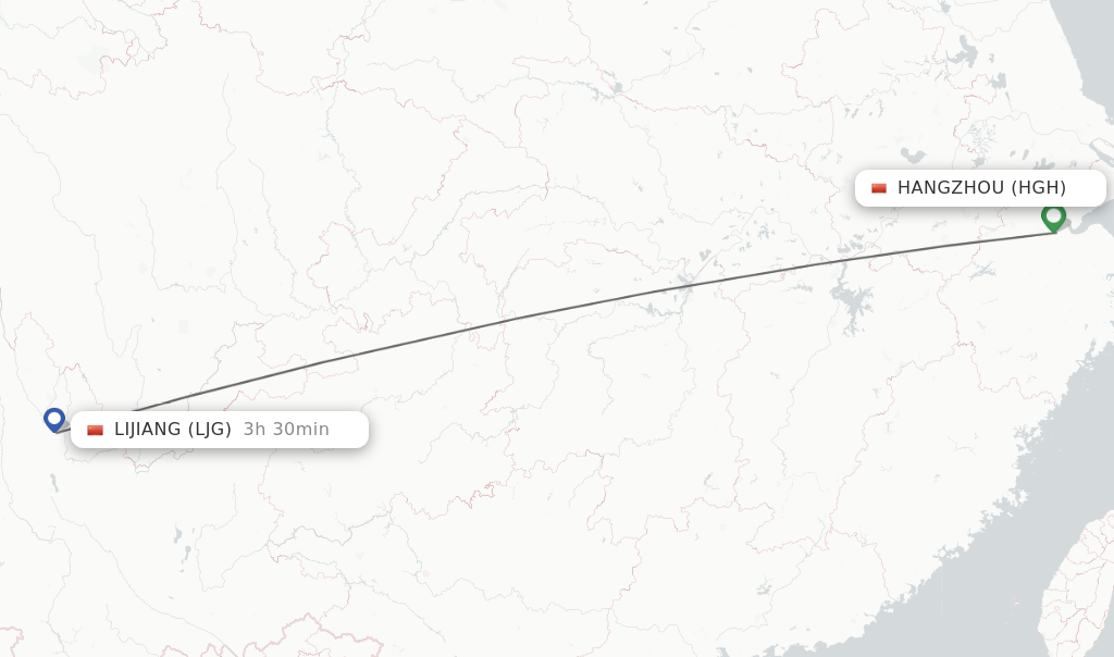 Flights from Hangzhou to Lijiang route map