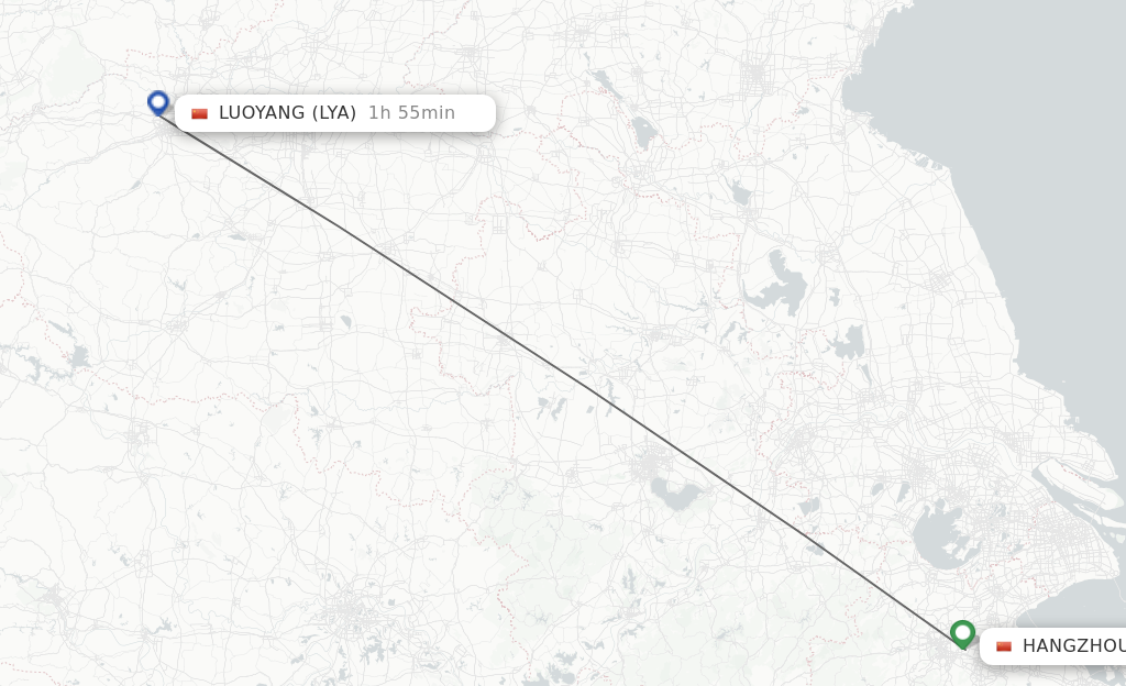 Flights from Hangzhou to Luoyang route map