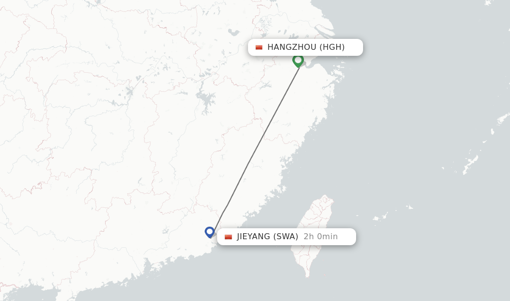Flights from Hangzhou to Jieyang route map