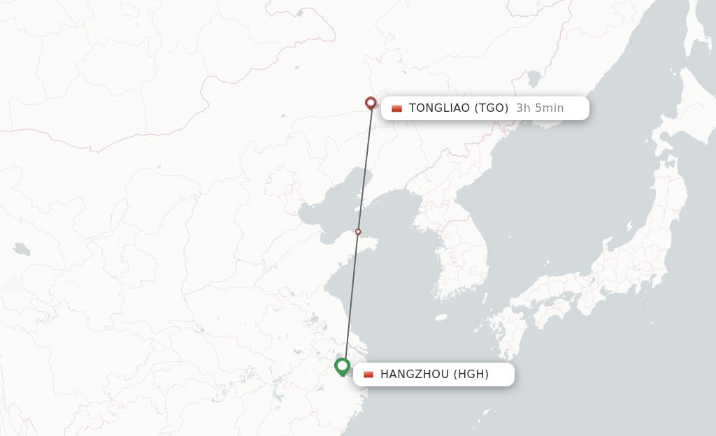 Flights from Hangzhou to Tongliao route map