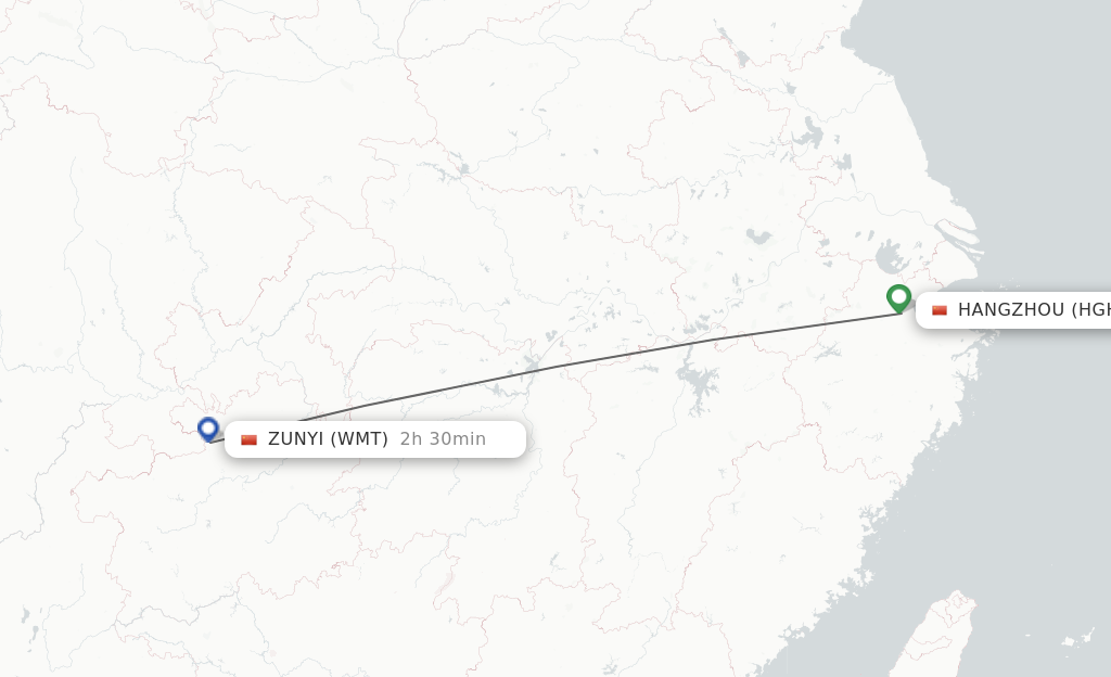 Flights from Hangzhou to Zunyi route map