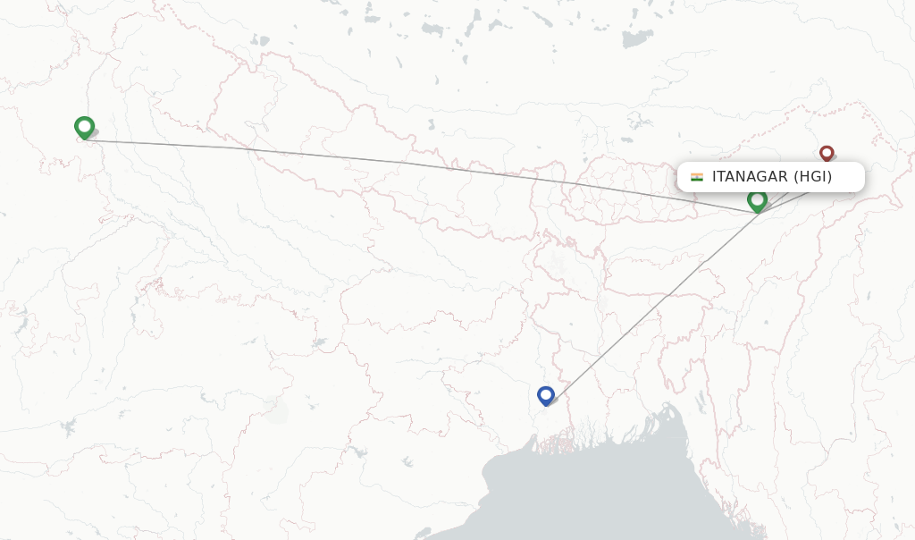 Flights from Itanagar to Tezu route map