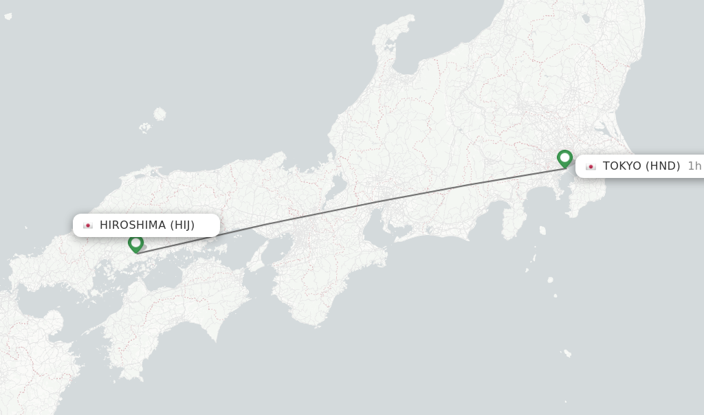 Flights from Hiroshima to Tokyo route map