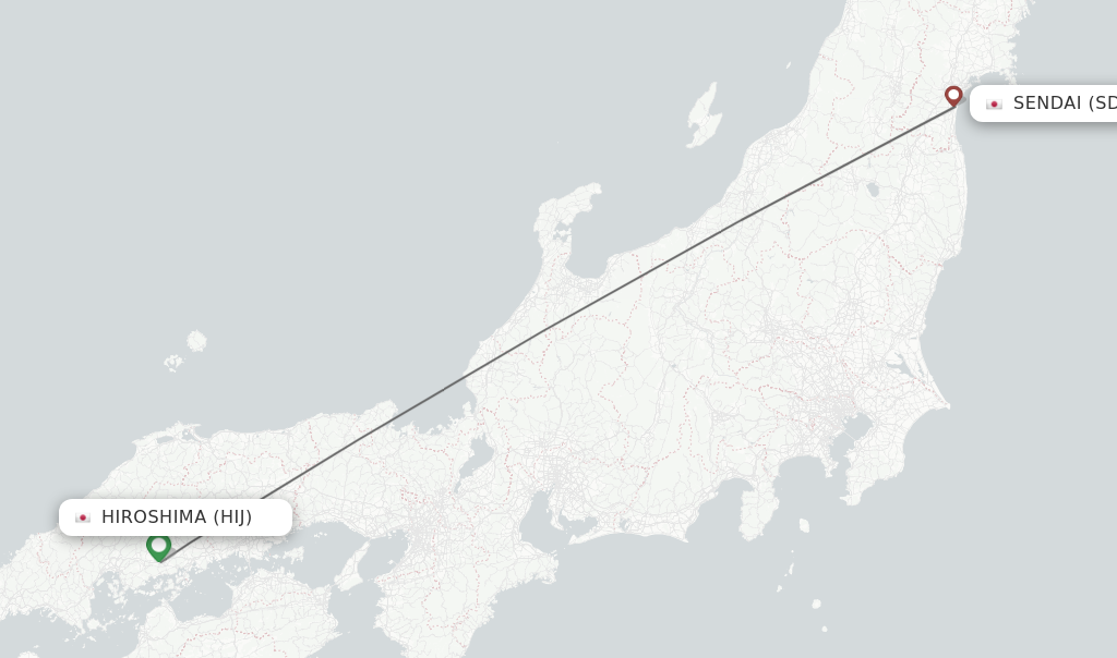 Flights from Hiroshima to Sendai route map