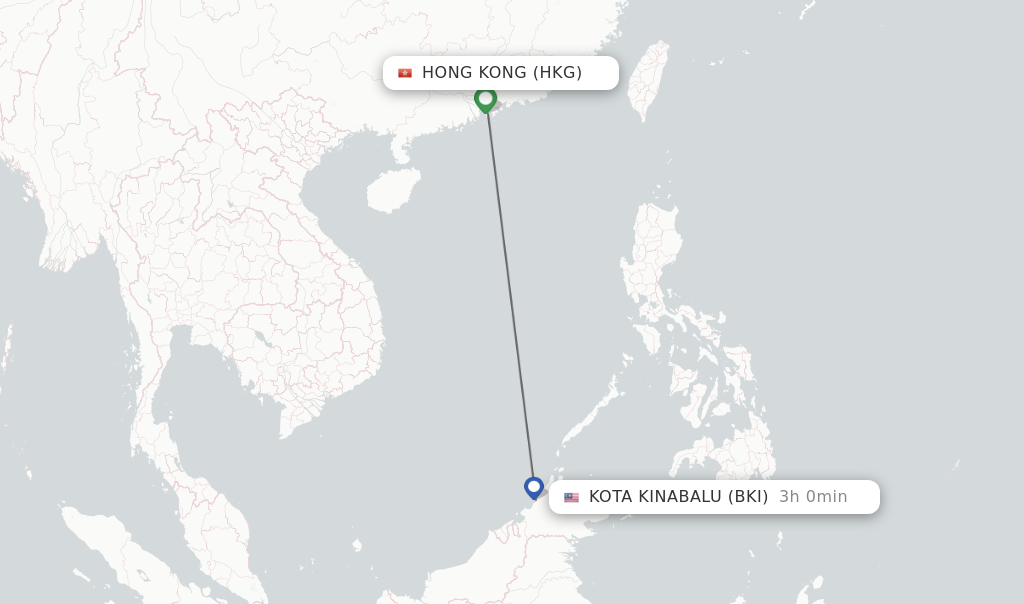 Flights from Hong Kong to Kota Kinabalu route map