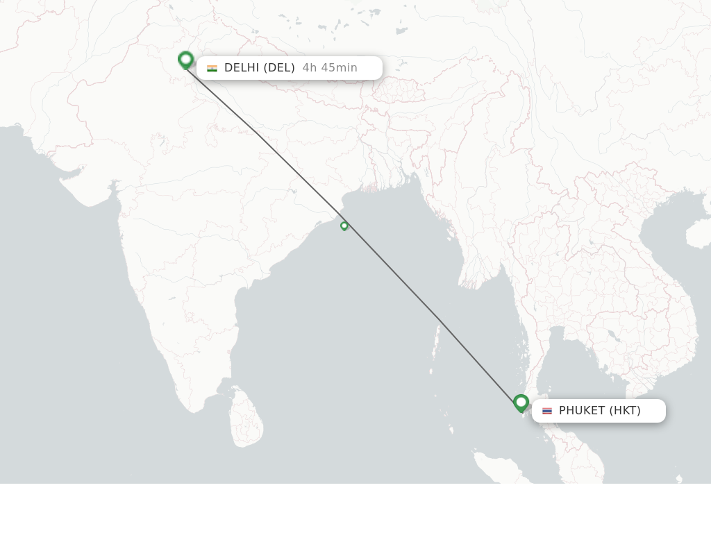 Flights from Phuket to Delhi route map