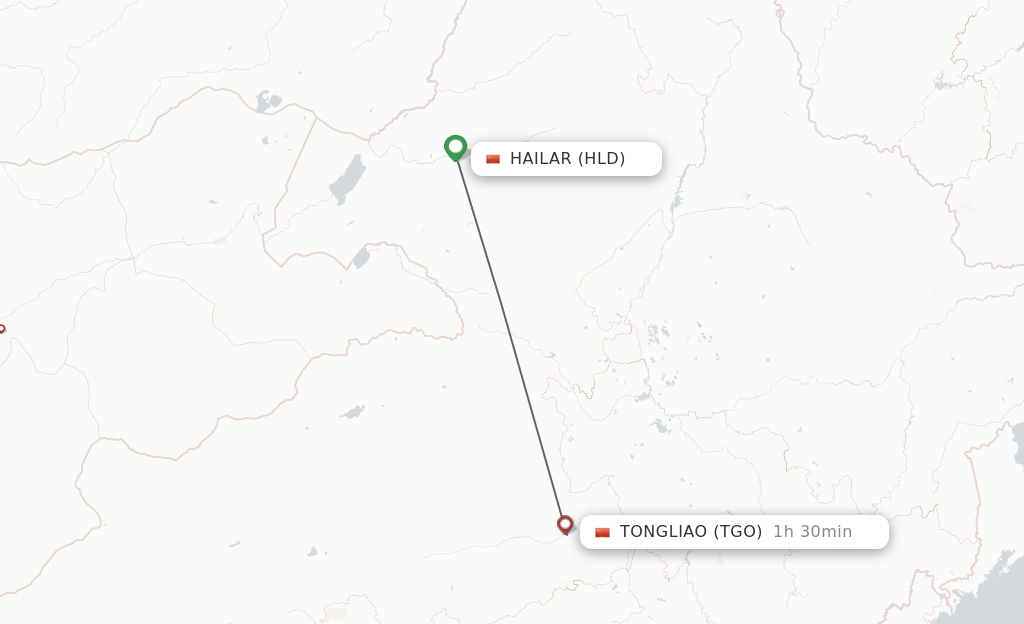 Flights from Hailar to Tongliao route map