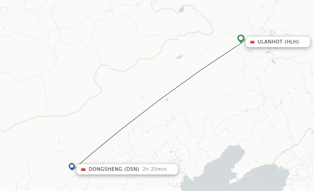 Flights from Ulanhot to Dongsheng route map