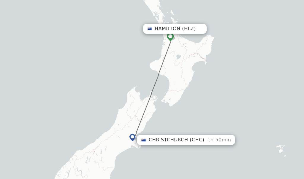 Flights from Hamilton to Christchurch route map