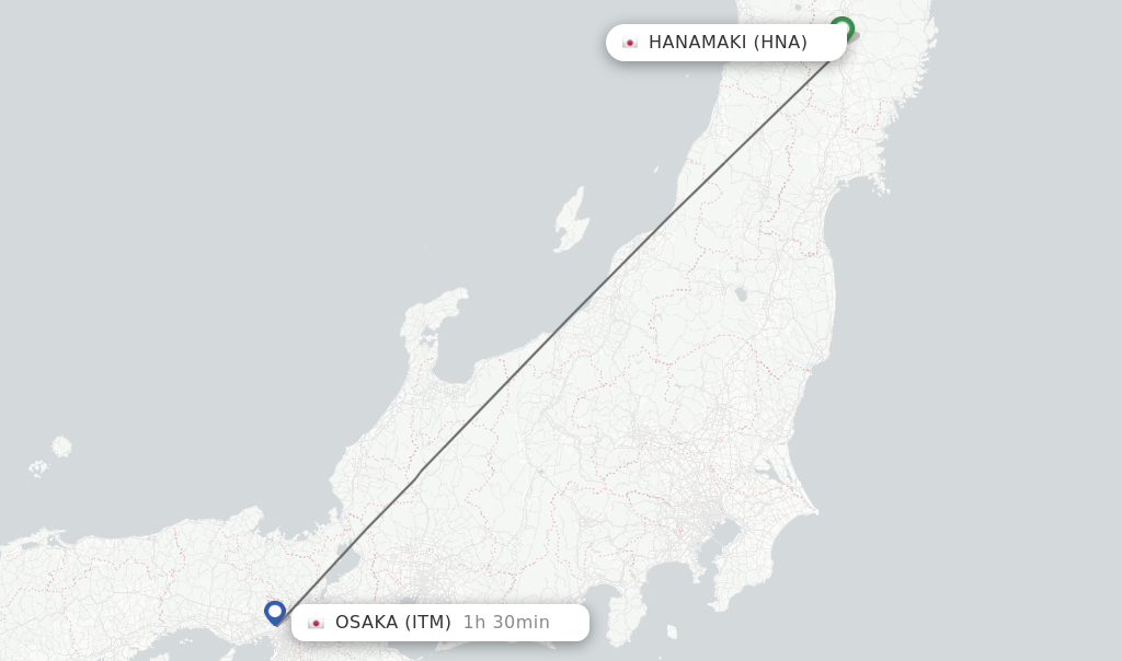 Flights from Hanamaki to Osaka route map