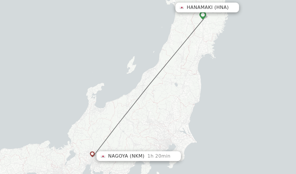Flights from Hanamaki to Nagoya route map