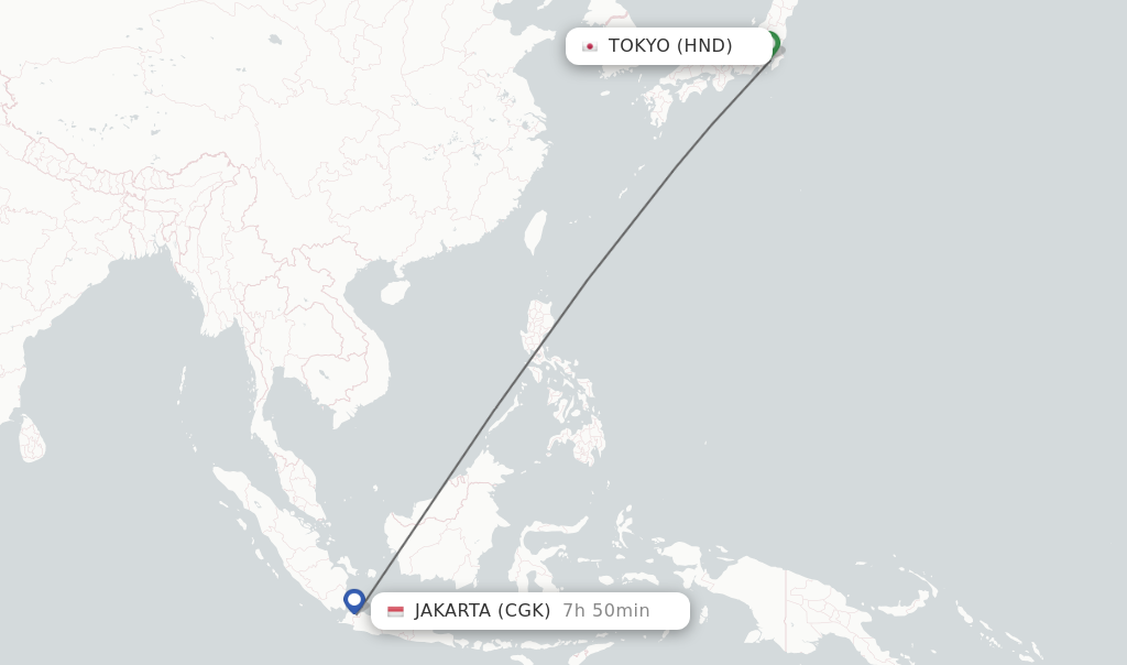 Flights from Tokyo to Jakarta route map