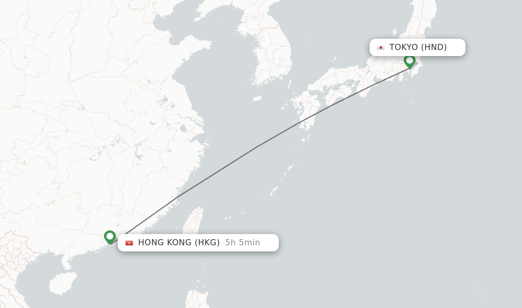 Flights from Tokyo to Hong Kong route map