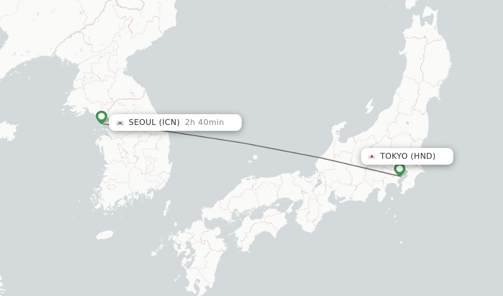 Flights from Tokyo to Seoul route map