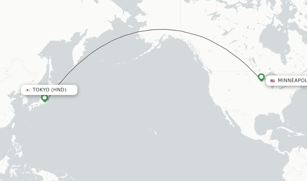 Flights from Tokyo to Minneapolis route map