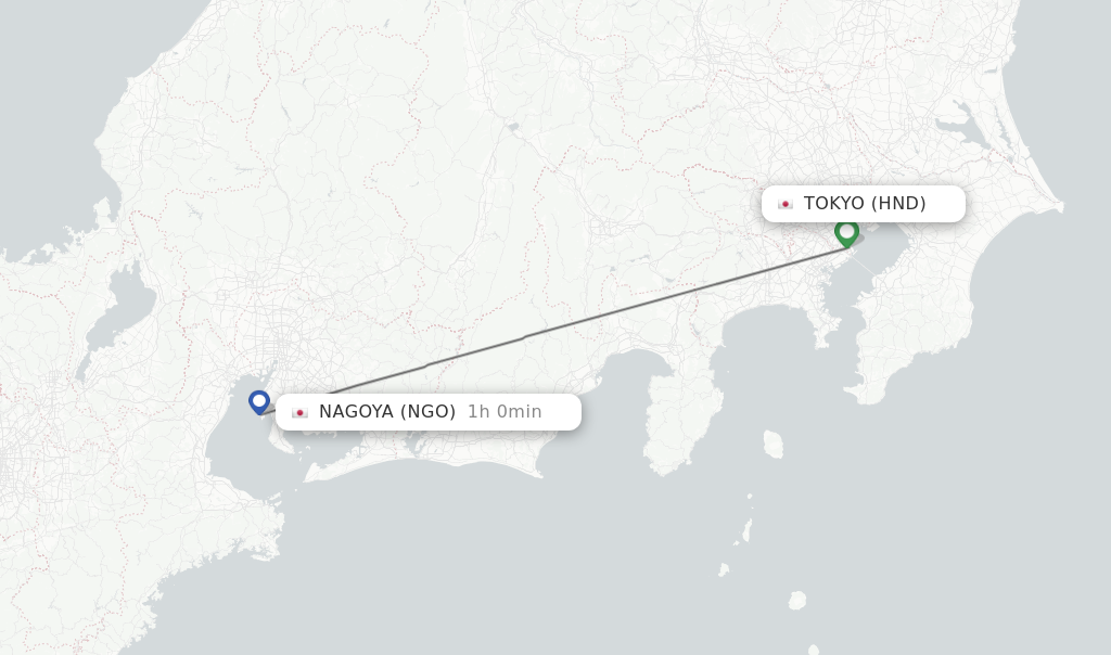 Flights from Tokyo to Nagoya route map
