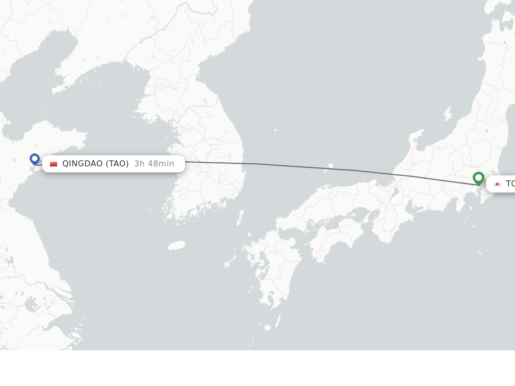 Flights from Tokyo to Qingdao route map