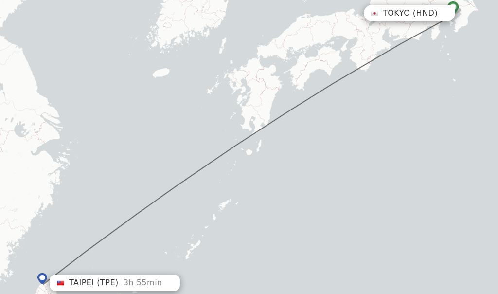 Flights from Tokyo to Taipei route map