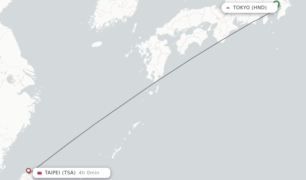 Flights from Tokyo to Taipei route map