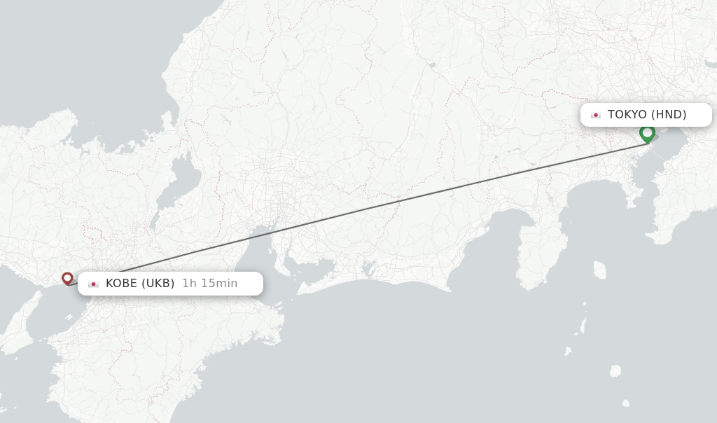 Flights from Tokyo to Kobe route map