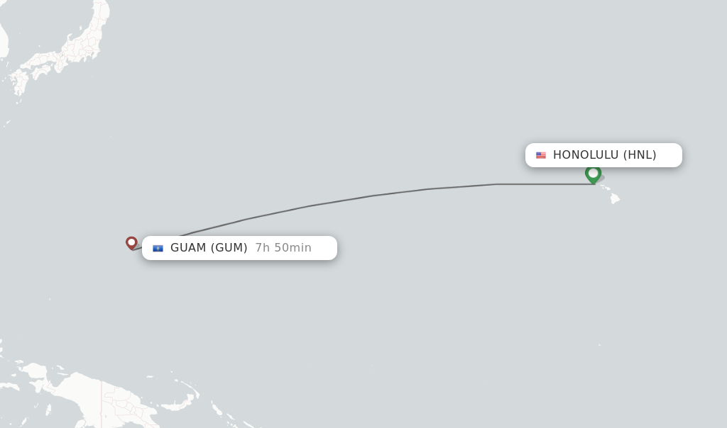 Flights from Honolulu to Guam route map